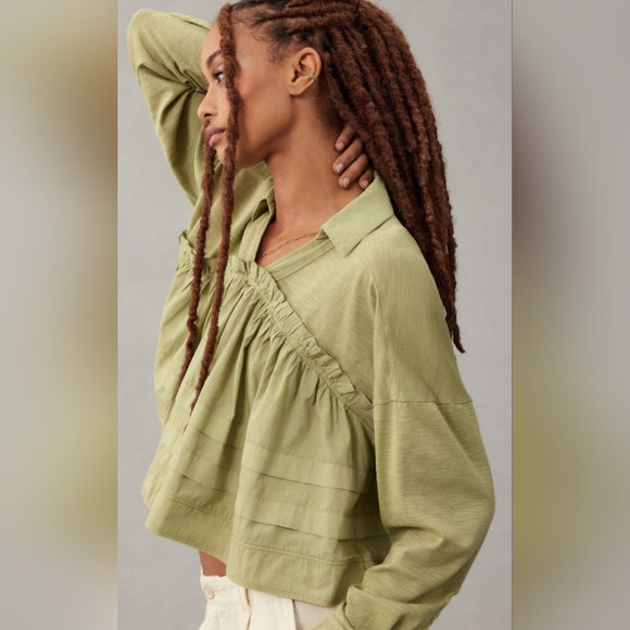 Pilcro Anthropologie 100%Cotton Pullover Long Sleeve Blouse Boho Olive Green S - Picture 16 of 16
